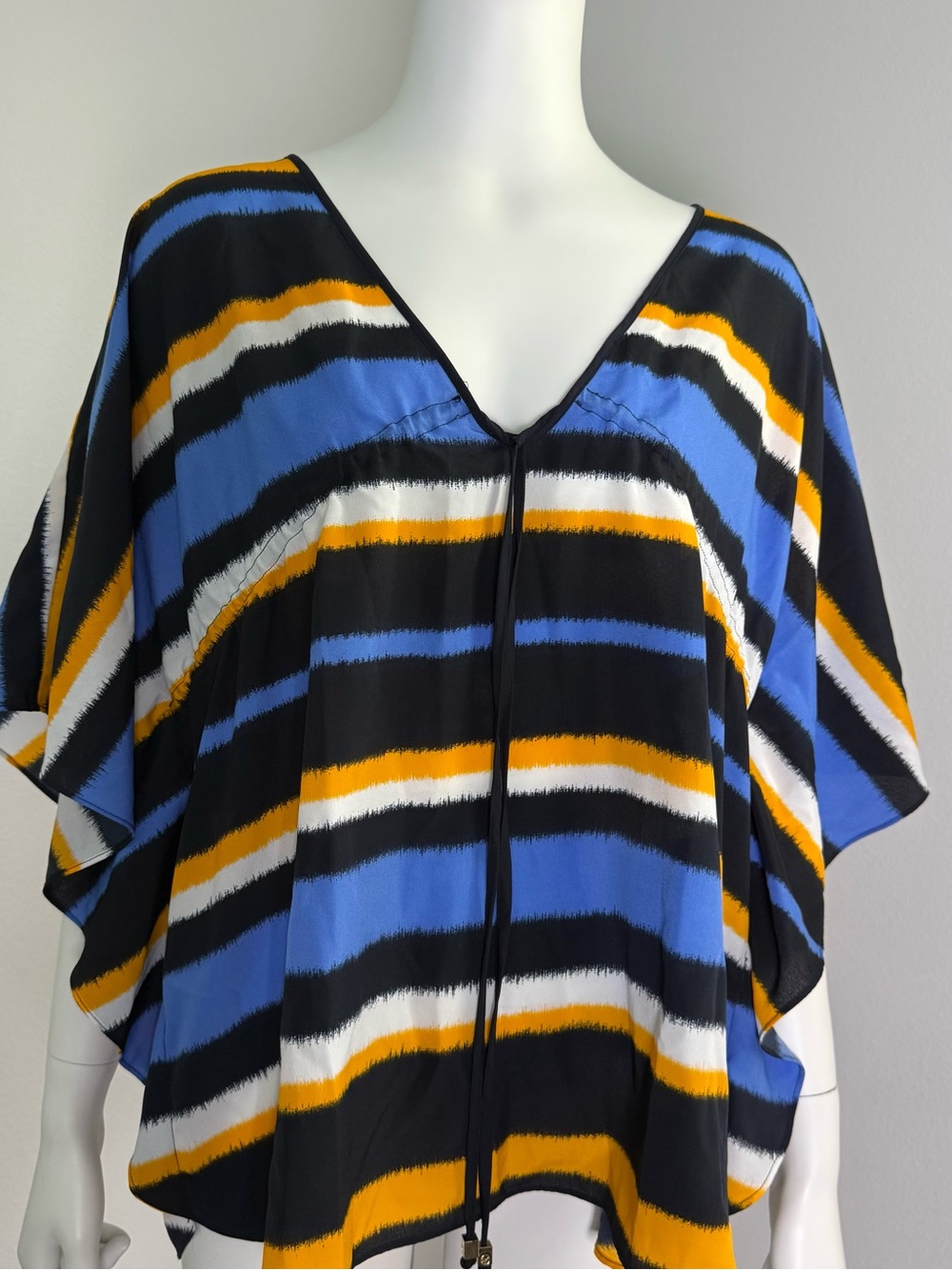 Michael Kors Black Blue White & Mustard Striped V-Neck Tie Swim Coverup